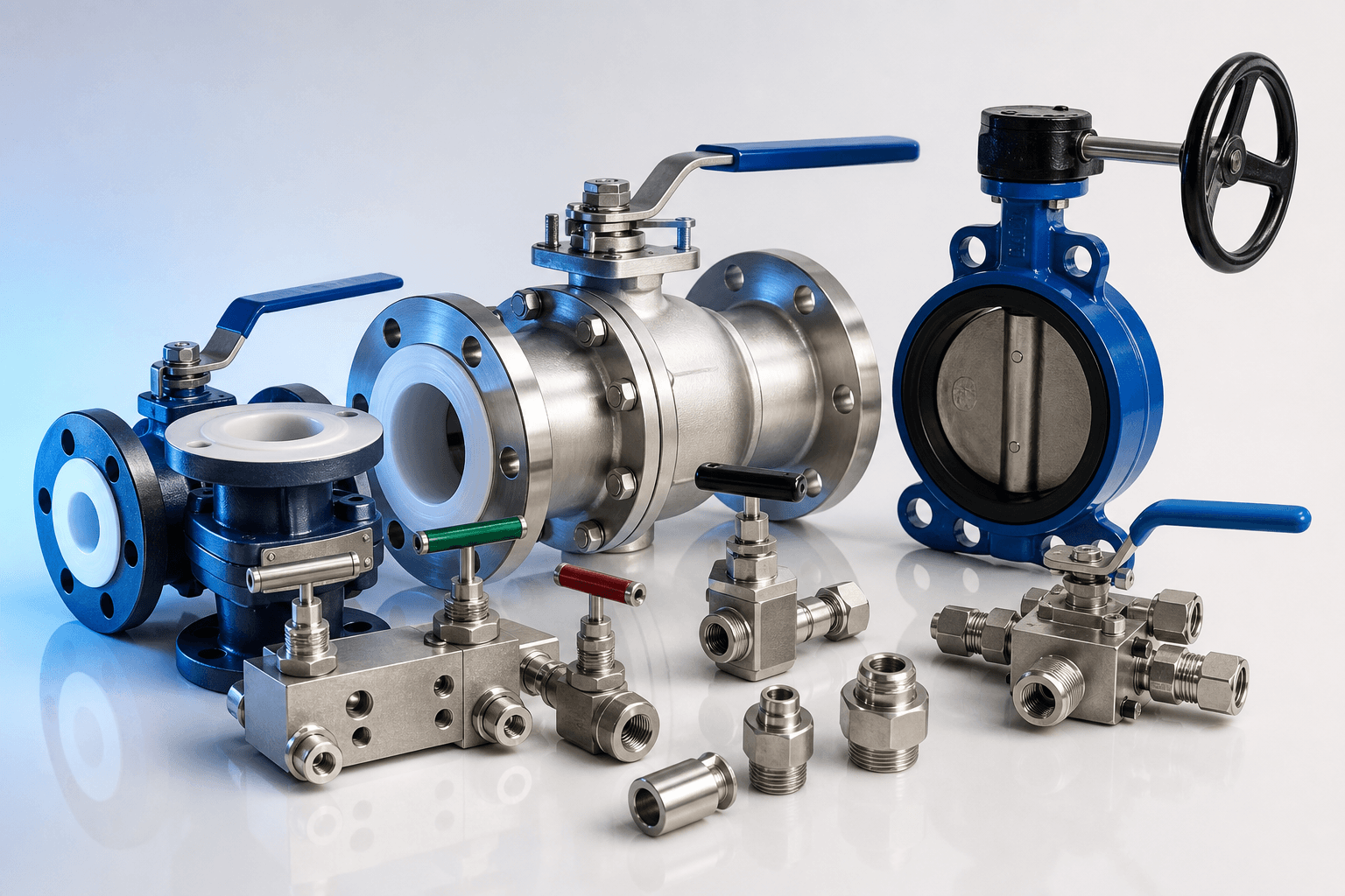 Industrial valves, lined fittings and instrumentation products arranged in a studio